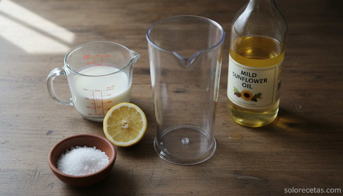 Ingredientes para mayonesa de leche: leche fría, aceite, limón y vaso de batidora sobre encimera de madera