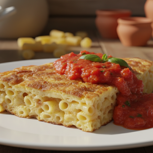 Tortilla de macarrones con tomate frito casera