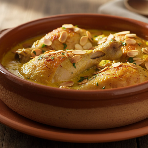 Pollo en pepitoria tradicional español con almendras y azafrán