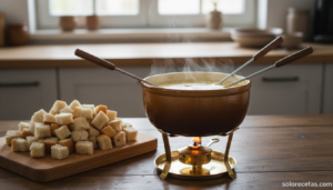 Fondue de queso suiza clásica con gruyer fundido en caquelon