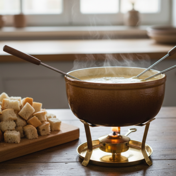 Fondue de queso suiza clásica con gruyer fundido en caquelon