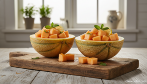 Melón con ron servido en las mitades del melón sobre tabla de madera