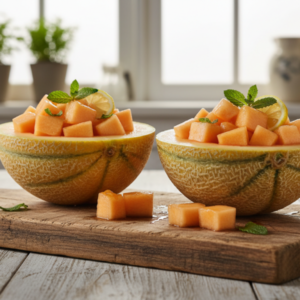 Melón con ron servido en las mitades del melón sobre tabla de madera