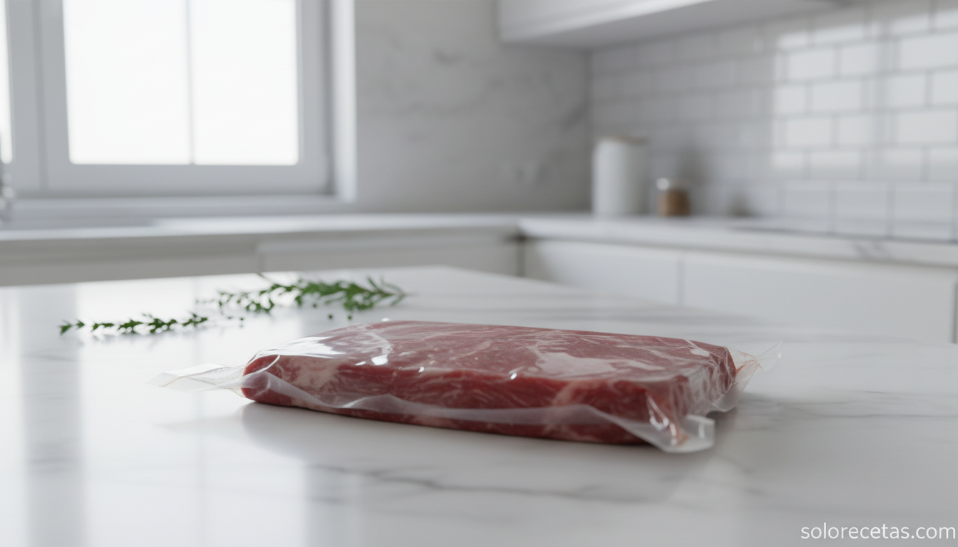Carne envasada al vacío sobre encimera de cocina
