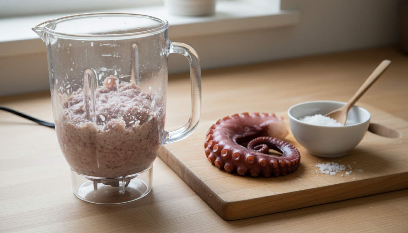 Pulpo cocido triturado en vaso de batidora con grano visible junto a pata entera