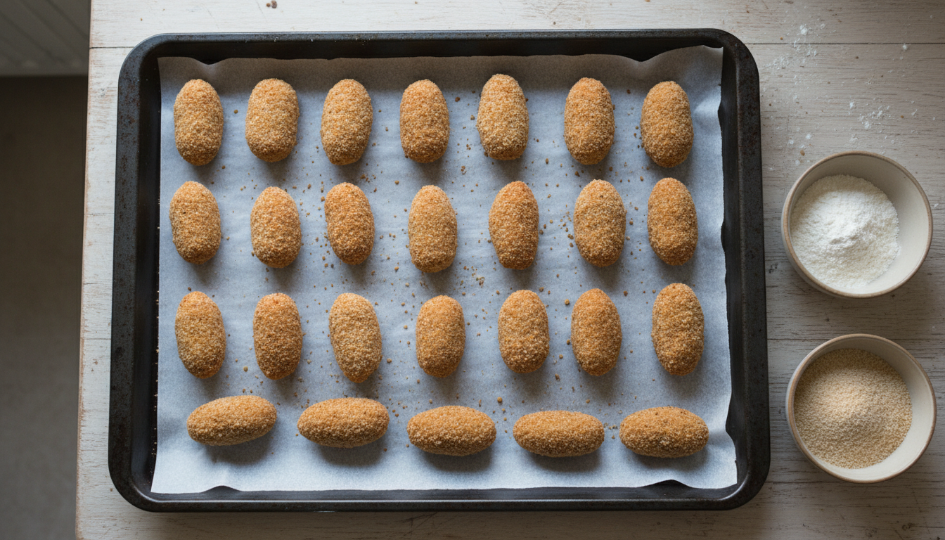 Croquetas de pulpo formadas y rebozadas en pan rallado listas para freír en bandeja