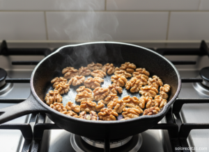 Nueces tostando en sartén para el helado de requesón