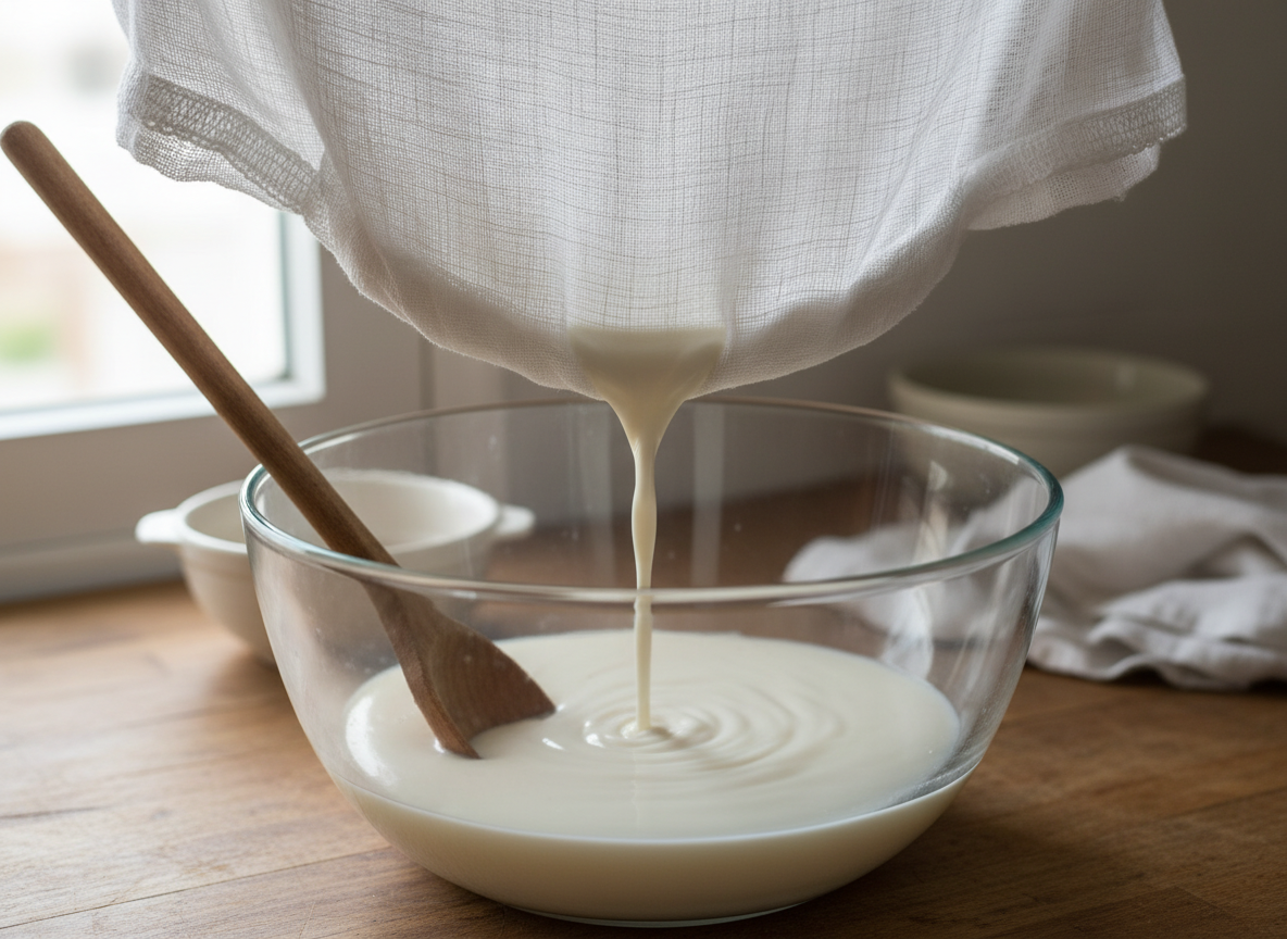 Colado de la horchata con un paño de algodón tupido