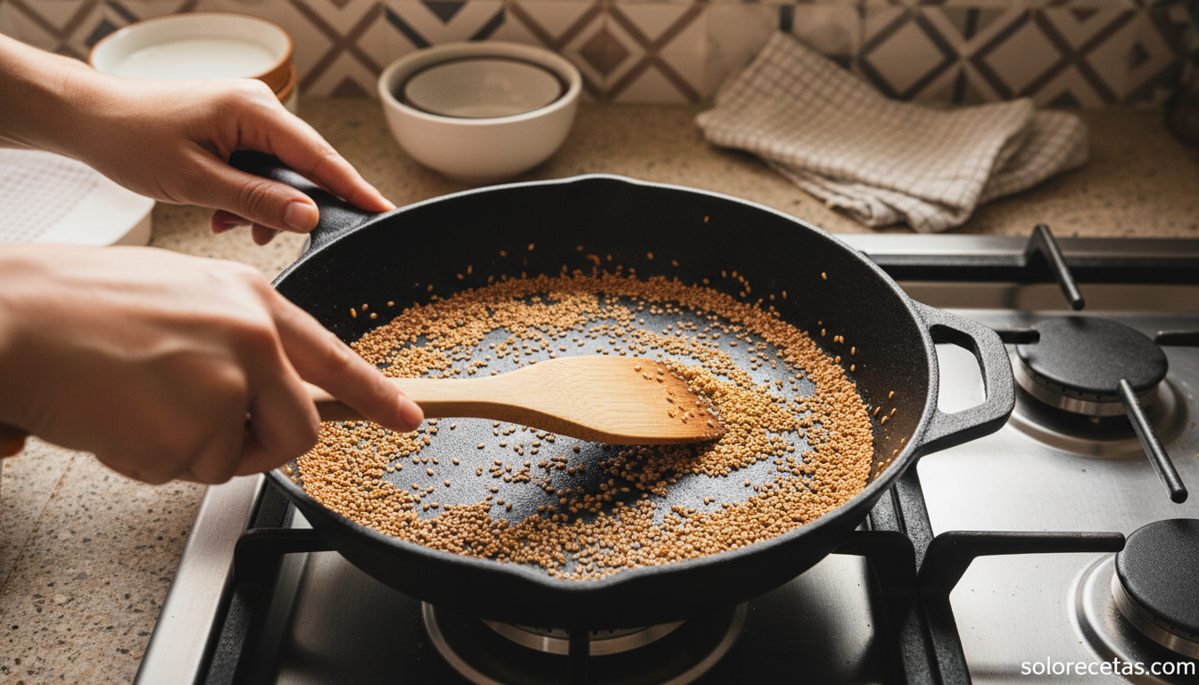 Tostado de semillas de sésamo en sartén para hacer tahini casero