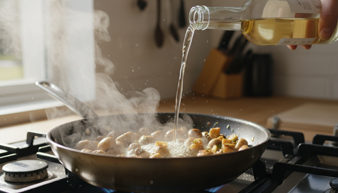 Setas al ajillo con vino blanco: receta de tapas fácil 2 Añadiendo vino blanco a las setas salteadas para desglasas la sartén