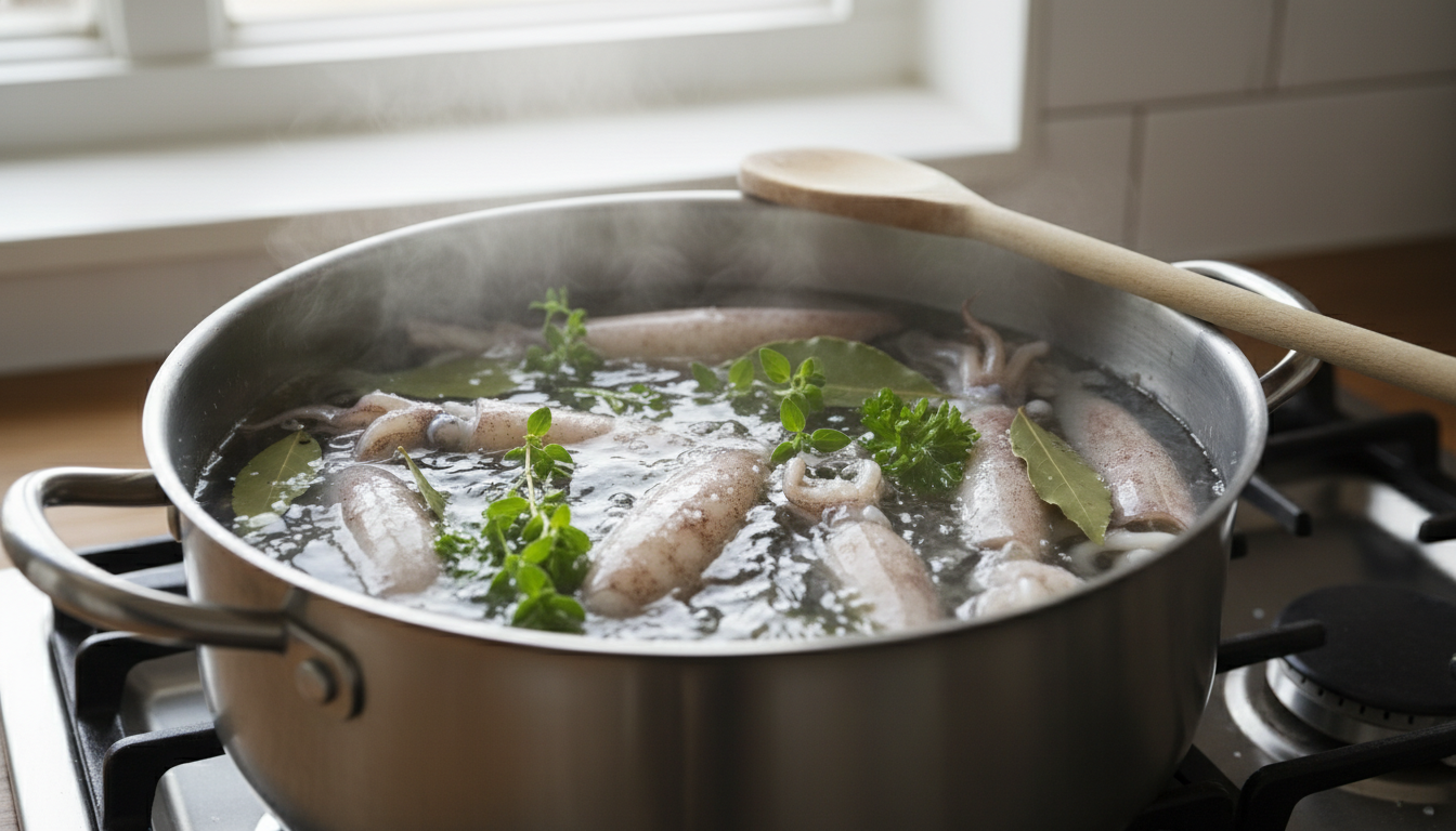 Calamares cociendo en agua con laurel orégano y perejil en cazuela ancha