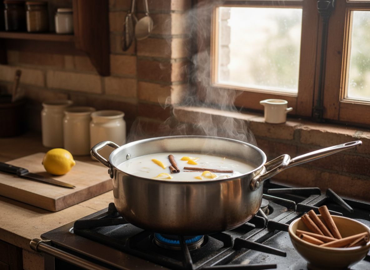 Leche merengada casera: receta tradicional con canela y limón 2 Leche con canela y piel de limón infusionando en cazo