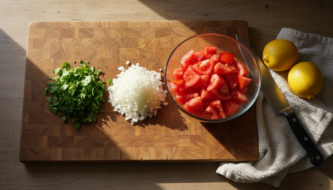 Cilantro picado cebolla picada y tomate en cubitos sobre tabla de madera