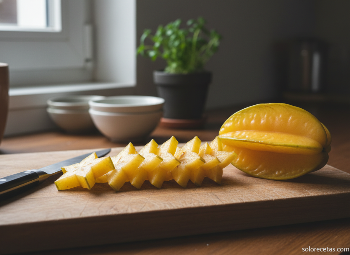 Rodajas en forma de estrella de carambola sobre tabla de madera