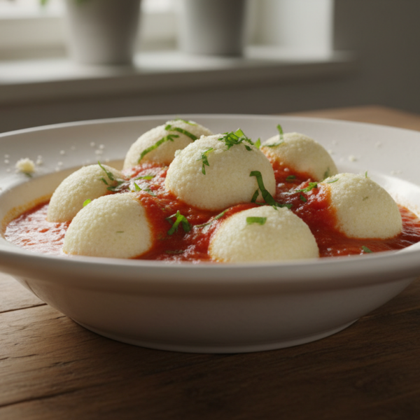 Albóndigas de queso y sémola con salsa de tomate casera en plato blanco