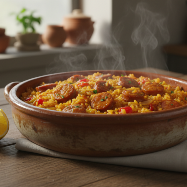 Arroz con salchichas al sofrito de tomate en cazuela