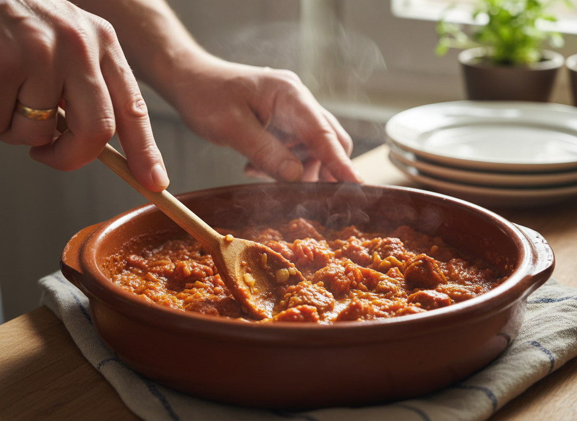 Sofrito de tomate con salchichas en cazuela para el arroz