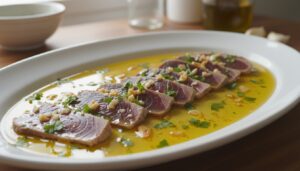 Atún al ajillo, láminas de ventresca de atún sobre bandeja de cerámica blanca, regado con aceite de oliva y vinagre, con a...