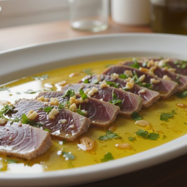 Atún al ajillo, láminas de ventresca de atún sobre bandeja de cerámica blanca, regado con aceite de oliva y vinagre, con a...