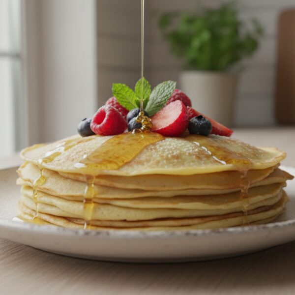 Crepes sin gluten apilados en plato de cerámica blanca, masa dorada y fina, con miel y fruta fresca encima, natural daylig...