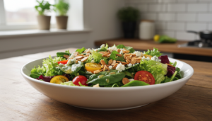 Ensalada de almendras tostadas con queso azul y tomates cherry