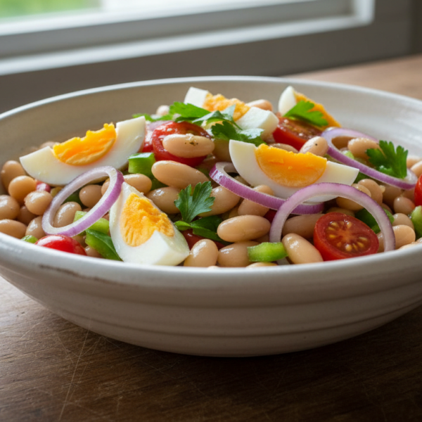 Ensalada de alubias blancas con tomate, pimiento y huevo cocido