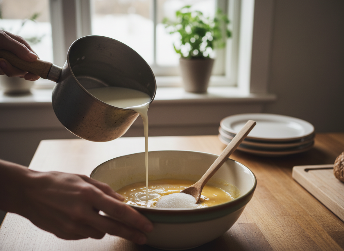 Natillas caseras con merengue: receta tradicional 1 Añadir leche templada a las yemas batidas con azúcar para hacer natillas