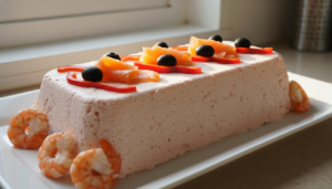 Pastel de langostinos al baño María decorado con gambas, salmón ahumado y pimientos