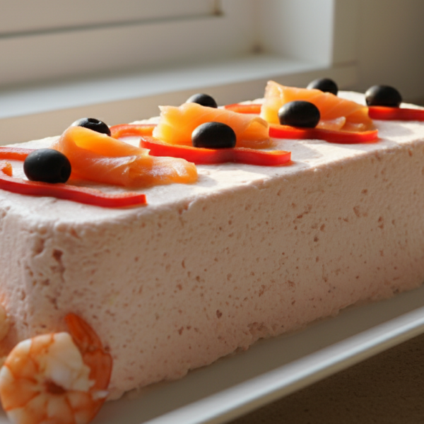 Pastel de langostinos al baño María decorado con gambas, salmón ahumado y pimientos