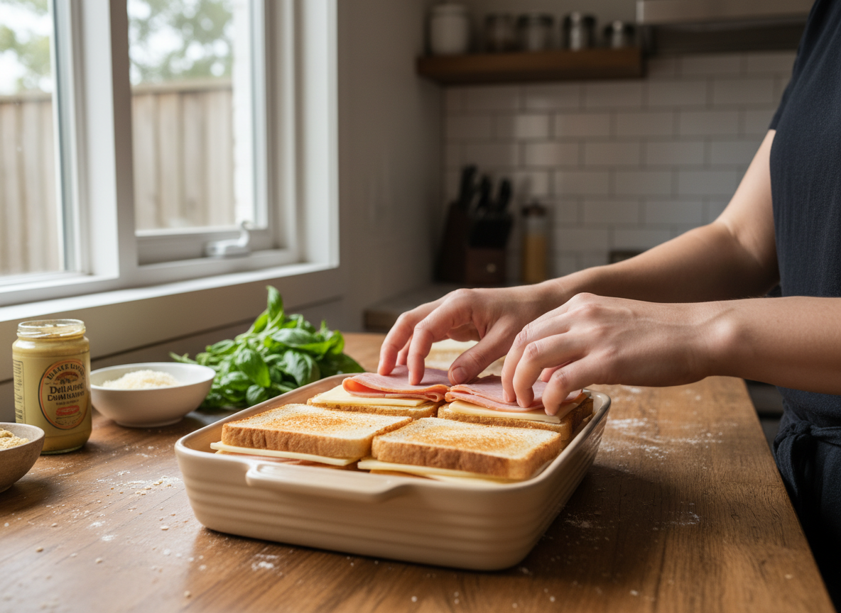 Montando las capas de pan, jamón york y queso en el molde
