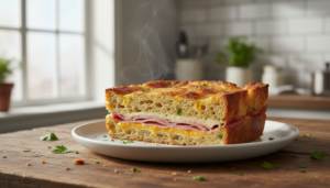 Pastel de jamón york y queso con pan de molde al horno, recién cortado