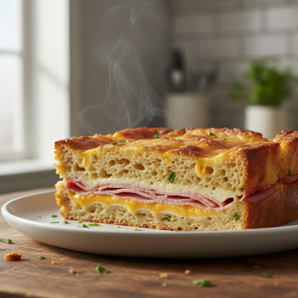 Pastel de jamón york y queso con pan de molde al horno, recién cortado