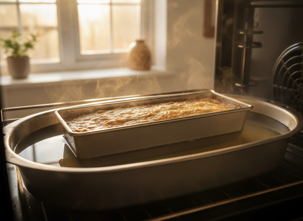 Pastel de langostinos horneándose al baño María en el horno a 180 grados