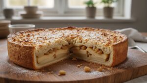 Pastel de manzana con coco y uvas pasas recién sacado del horno, corte transversal mostrando capas de manzana, cobertura d...