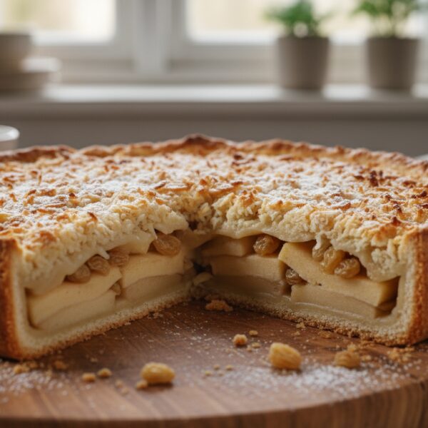 Pastel de manzana con coco y uvas pasas recién sacado del horno, corte transversal mostrando capas de manzana, cobertura d...