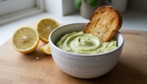 Paté de aguacate casero para untar en cuenco de cerámica