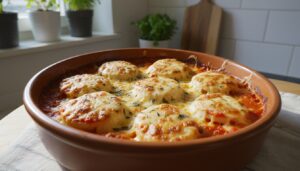 Pescadilla al queso gratinada con tomate y albahaca