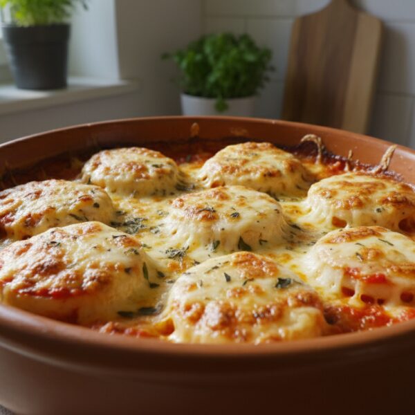 Pescadilla al queso gratinada con tomate y albahaca