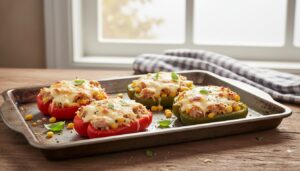 Pimientos rellenos de arroz, atún y maíz gratinados con queso