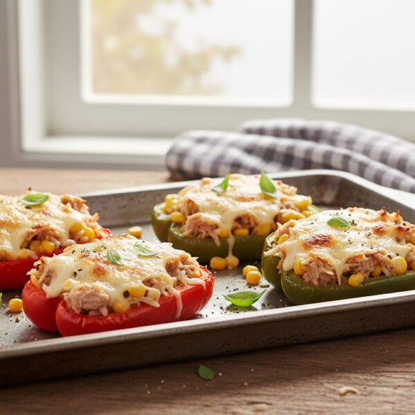 Pimientos rellenos de arroz, atún y maíz gratinados con queso