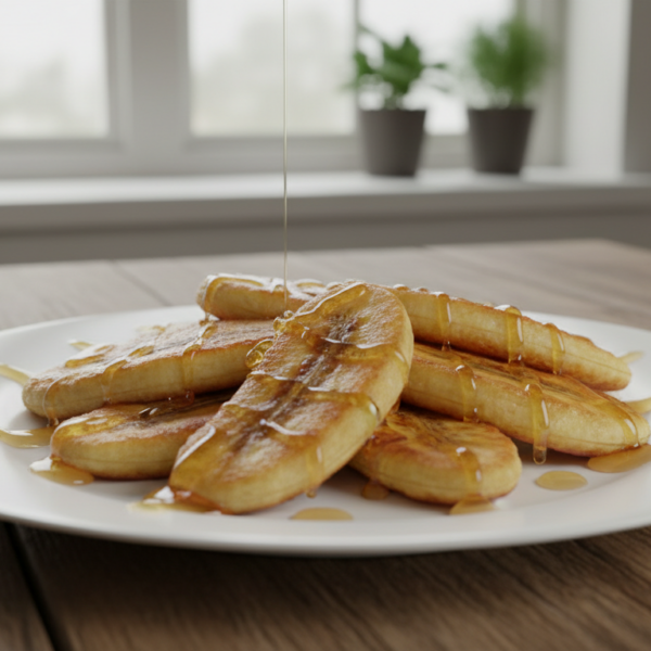 Plátanos fritos dorados con miel sobre plato blanco
