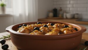 Pollo a la aceituna con salsa de cebolla y whisky