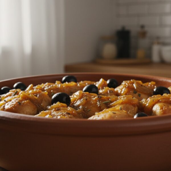 Pollo a la aceituna con salsa de cebolla y whisky