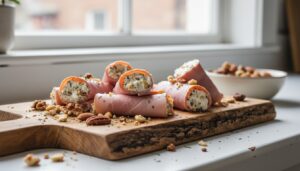Rollitos de jamón york con queso untable y frutos secos