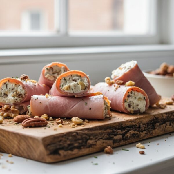 Rollitos de jamón york con queso untable y frutos secos