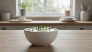 Salsa ligera de queso blanco con mostaza en bol pequeño de cerámica blanca, textura cremosa y lisa, con hierbas finas espo...