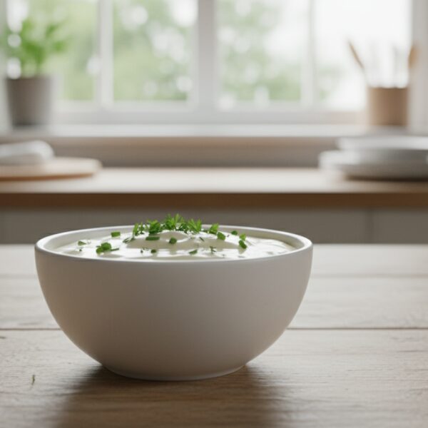 Salsa ligera de queso blanco con mostaza en bol pequeño de cerámica blanca, textura cremosa y lisa, con hierbas finas espo...