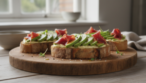 Tostadas de aguacate con alioli y jamón serrano sobre tabla de madera