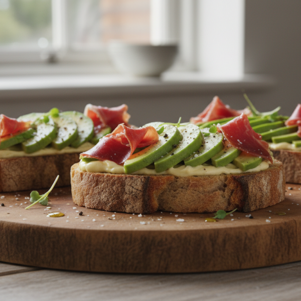 Tostadas de aguacate con alioli y jamón serrano sobre tabla de madera
