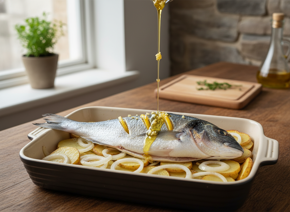 Dorada al horno con patatas: receta tradicional 2 Fuente de horno con base de patatas, cebolla y dorada encima lista para hornear